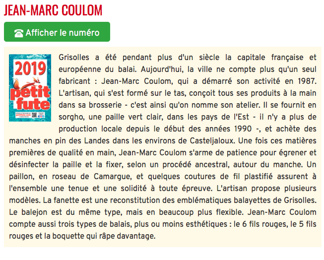 Notice du guide Petit Futé 2019 consacrée à Jean-Marc Coulom, seul fabricant de balais restant à Grisolles.