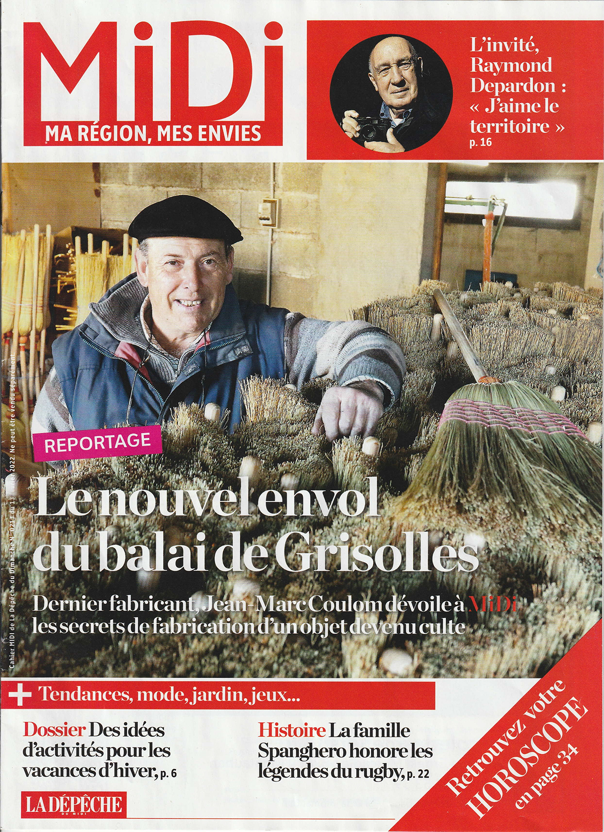Couverture du magazine MiDi de La Dépêche, « Le nouvel envol du balai de Grisolles », montrant Jean-Marc Coulom au milieu de ses bottes de sorgho.